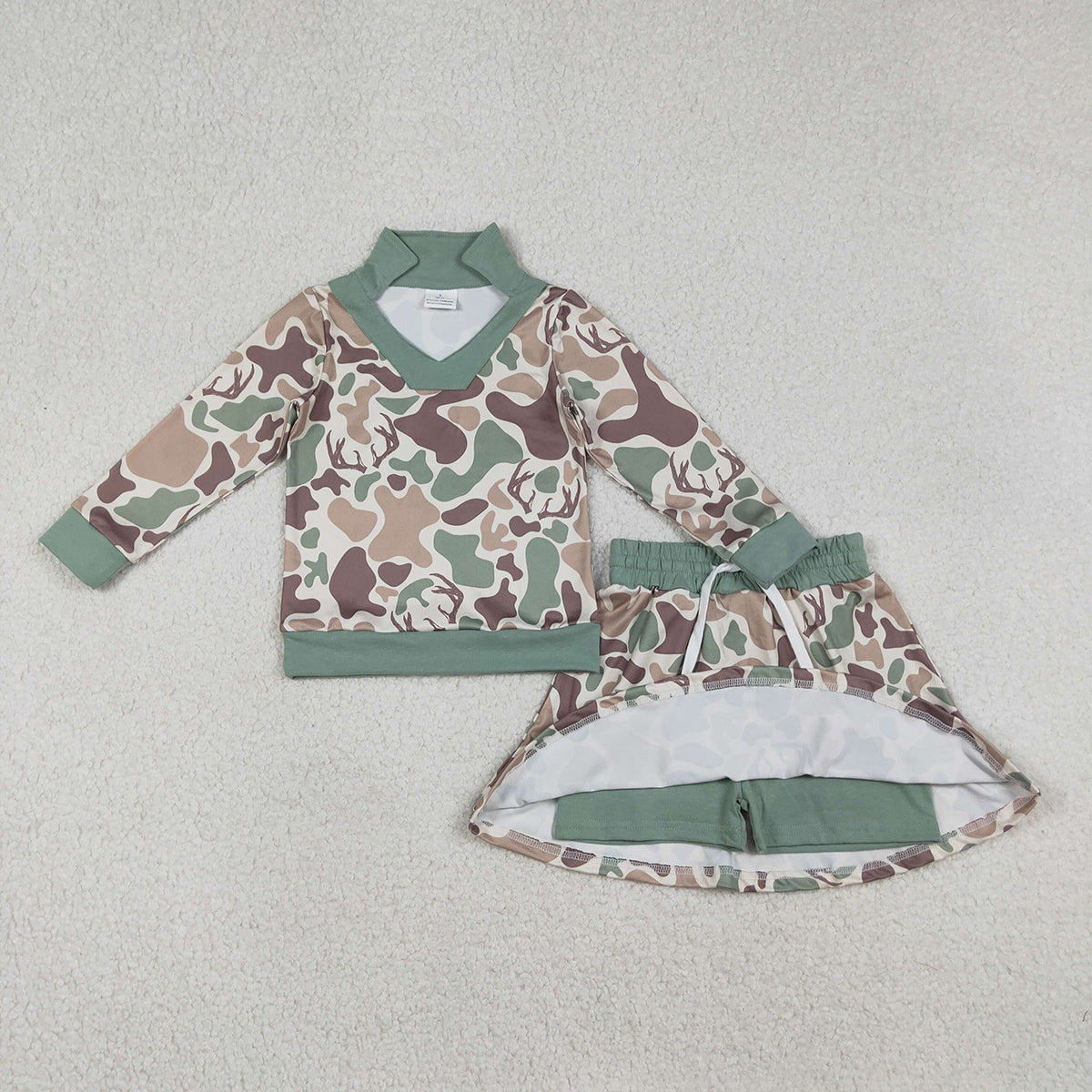 12.19 RTS NO MOQ （In stock）GLD1477 Baby Girls Southern Hunting Deer Camo Long Sleeve Top Skirts Shorts Clothes Sets