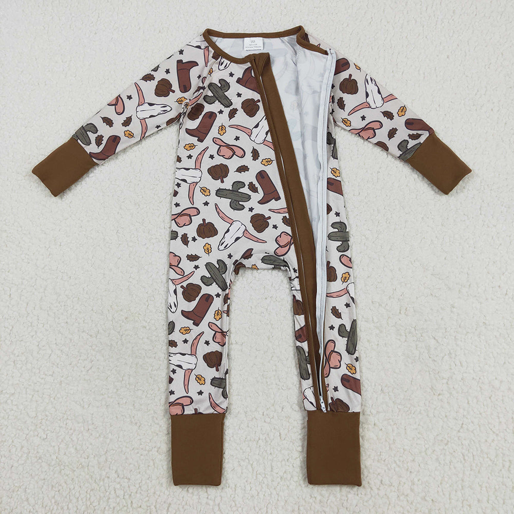 RTS NO MOQ （In stock）LR2334 Baby Boys Winter Rompers Baby Boys Western Brown Long Sleeves Bull Skull Cactus Zipper Rompers