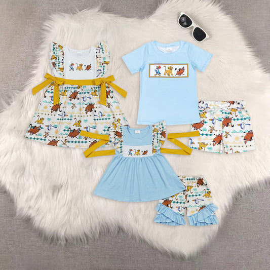 8.02 RTS Sibling Sleeveless lion tunic ruffle shorts girls clothing set dress