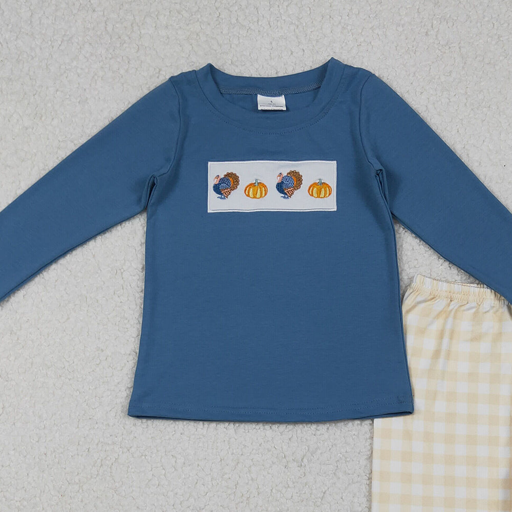 10.13 RTS NO MOQ （In stock）BLP1176 Baby Boys Winter Outfits Embroidery Turkey Pumpkins Baby Boys Plaid Pant Thanksgiving Clothes Set