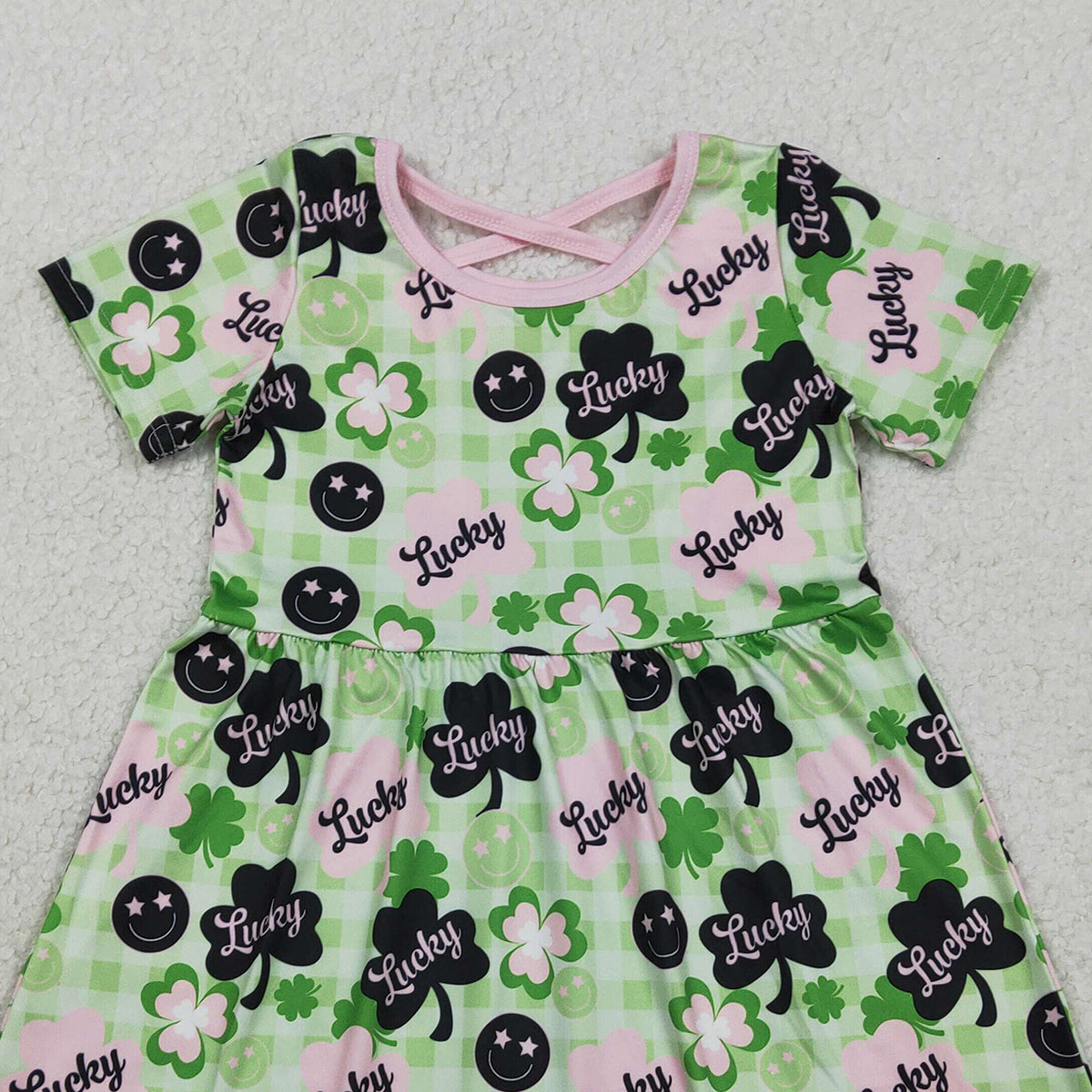 1.31 RTS NO MOQ （In stock）GSD2840 Baby Girls Green Checked Clovers Lucky St Patrick Knee Length Dresses