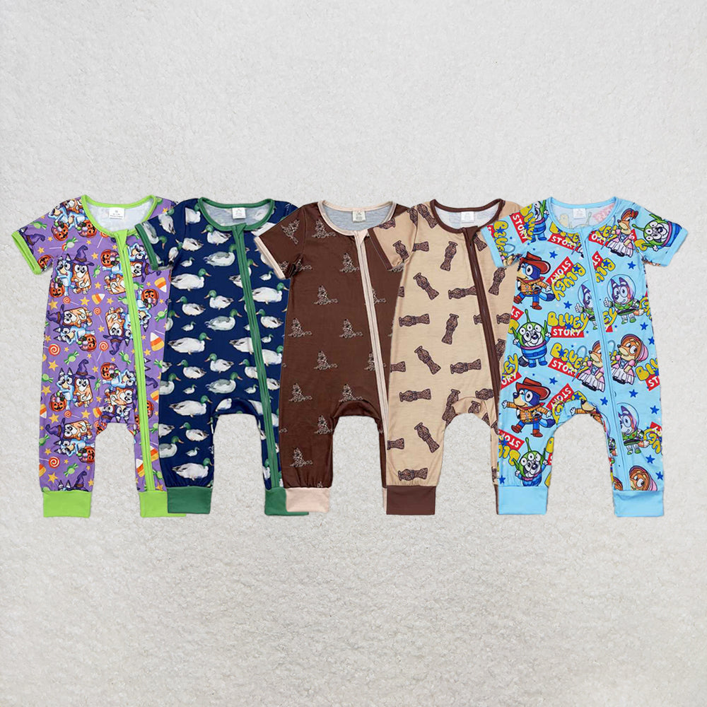 4.22 RTS NO MOQ Blue Dog Toy Short Sleeve Zipper Romper for Baby Boy Comfortable Cotton Clothing with Cute Animal Design