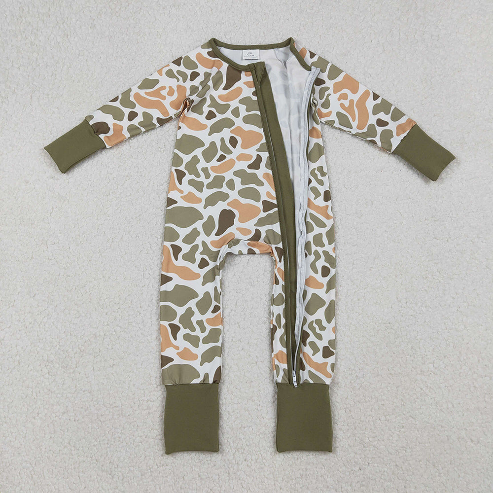 RTS NO MOQ （In stock）LR2578 Baby Boys Winter Rompers Green Yellow Camo Western Zipper Footie Rompers