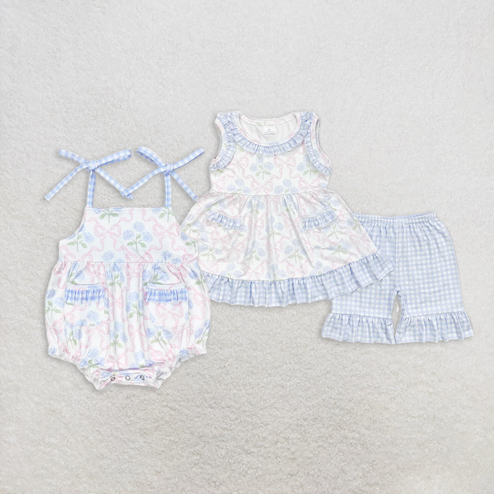 7.14 RTS NO MOQ Light blue floral tunic plaid shorts girls clothing set rompers