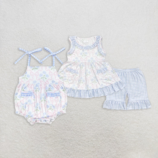 7.14 RTS NO MOQ Light blue floral tunic plaid shorts girls clothing set rompers