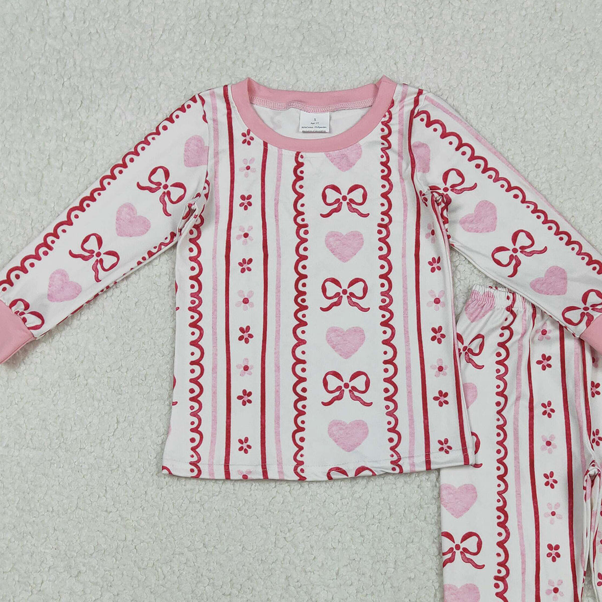 11.7 RTS NO MOQ （In stock）GLP2984 Baby Girls Pink Bows Hearts Stripe Top Pant Valentine Pajamas Sets
