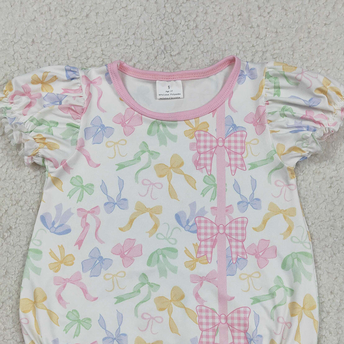 3.13 RTS NO MOQ （In stock）SR3672 Children's Fashion Romper Baby Girls Short Sleeve Colorful Bows Button Ruffle Rompers