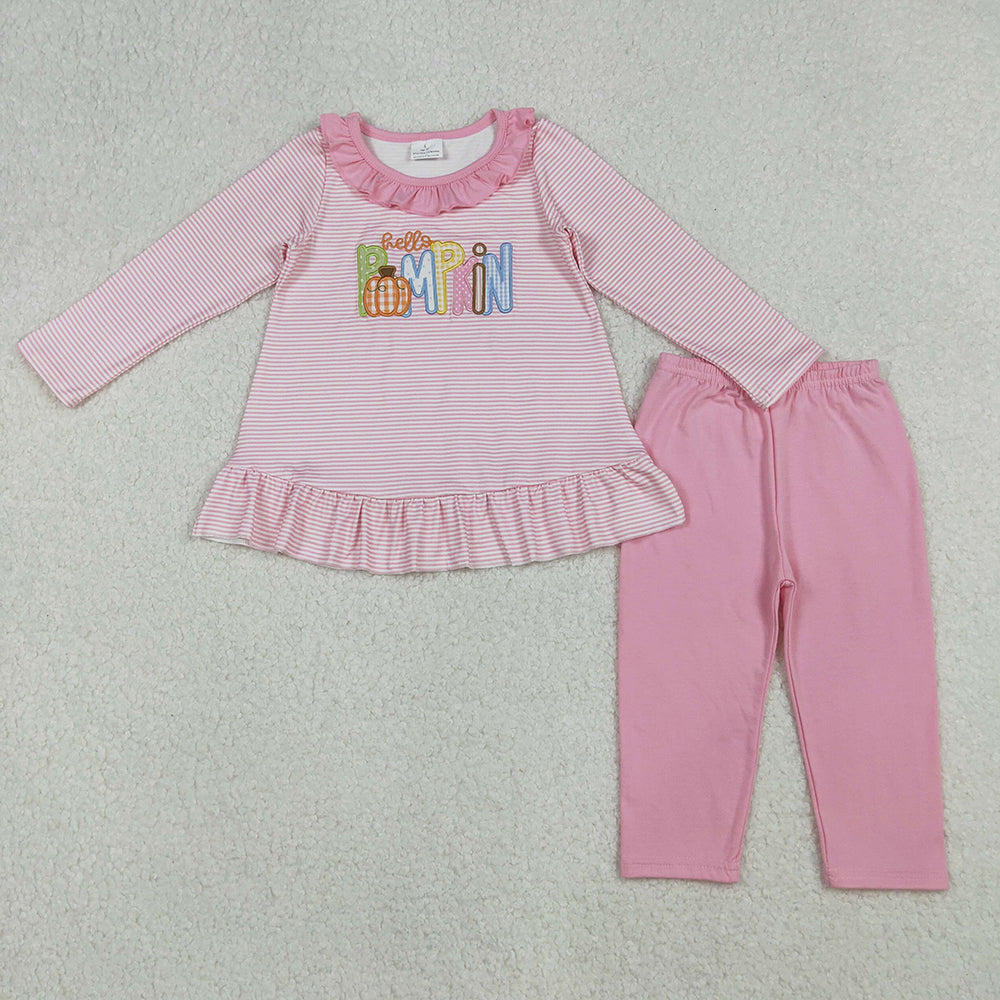 10.1 RTS NO MOQ （In stock）GT1183 Baby Girls Long Sleeve Tops Embroidery Pumpkins Baby Girls Pink Stripe Fall Tee Shirts Top
