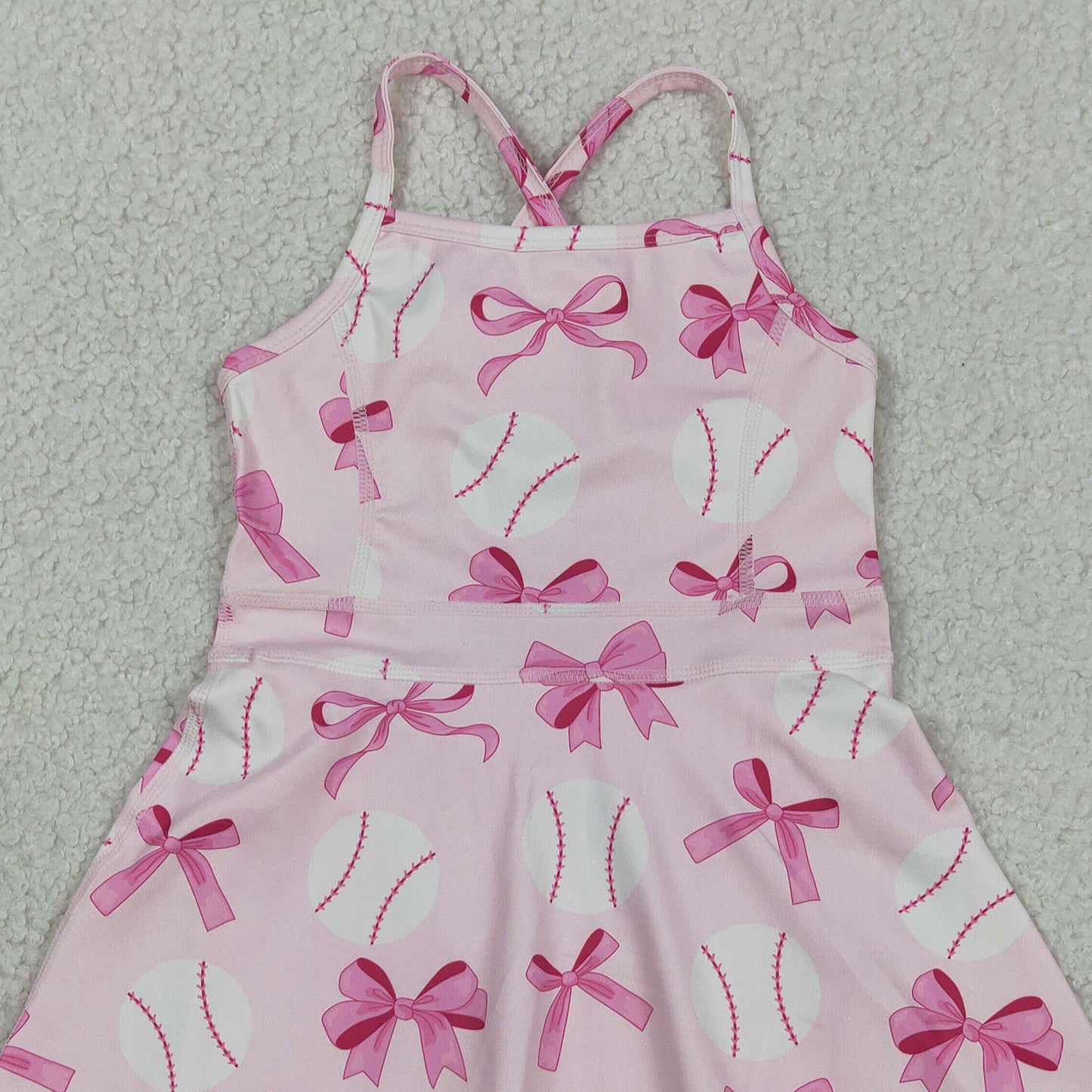 GSD2567 RTS NO MOQ （In stock ）Straps pink bow baseball girls summer athletic dress
