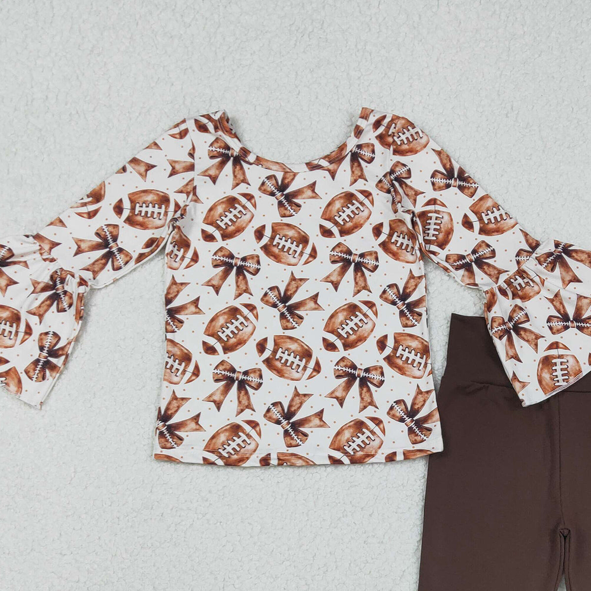 12.5 RTS NO MOQ （In stock）GLP2787 Baby Girls Bell Sleeve Footballs Bows Top Ruffle Bell Bottom Pants Team Clothes Set