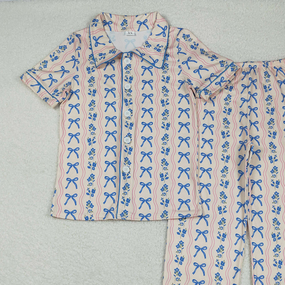 RTS NO MOQ （In stock）GSPO2051 Adult women's pajamas set Adult Women Blue Bows Flowers Stripe Button Top Pant Pajamas Set