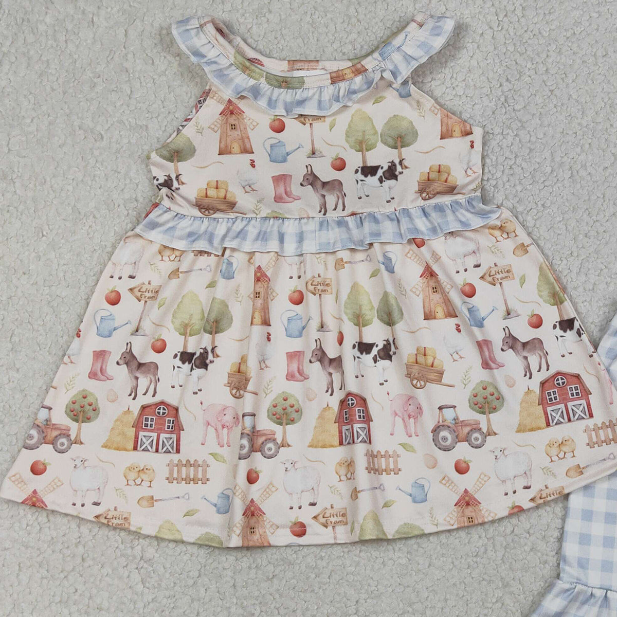 4.7 GSSO3077 RTS NO MOQ （In stock ）Baby Girls Sleeveless Pigs Cows Tunic Ruffle Checked Shorts Farm Clothes Sets