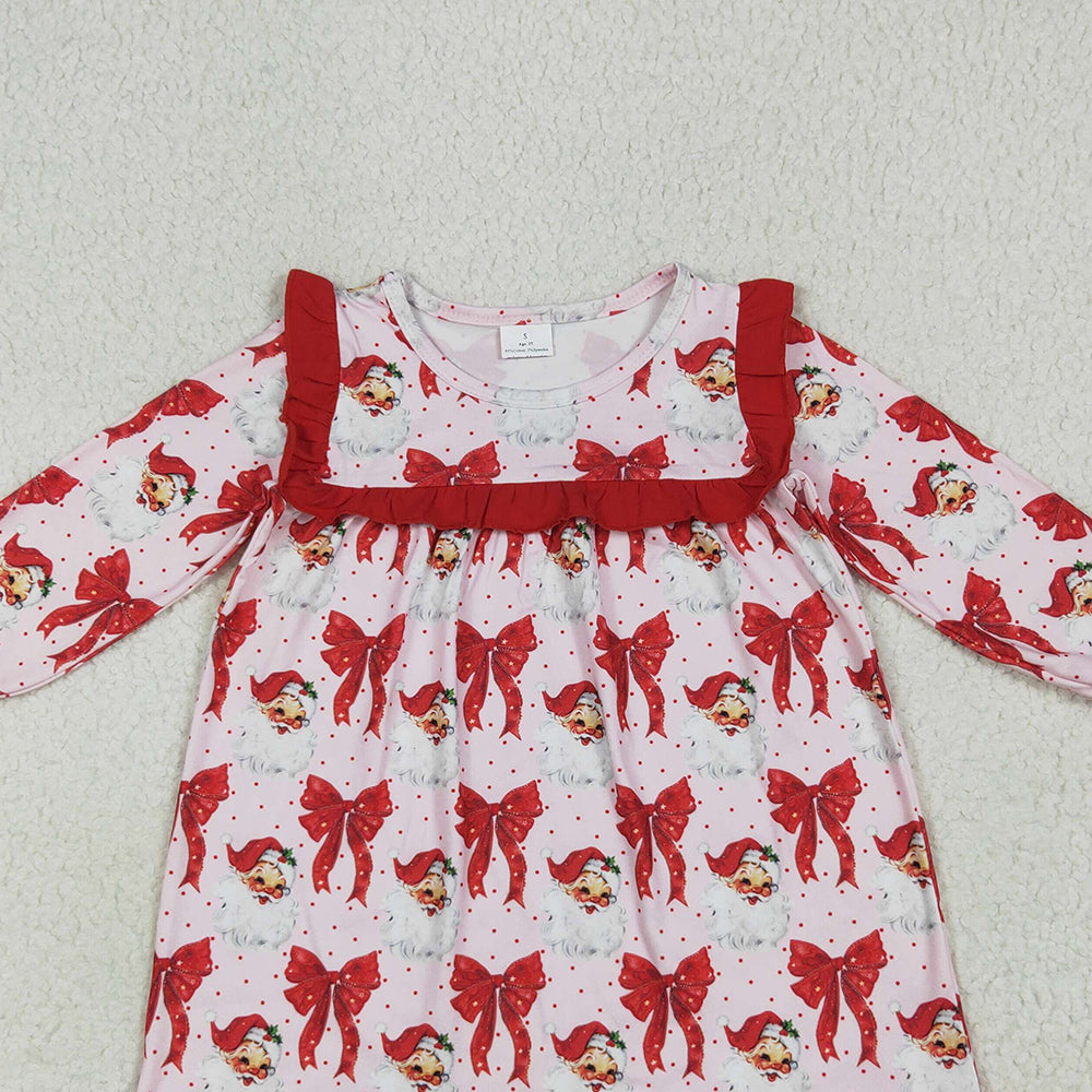 GLD1047RTS NO MOQ Baby Girls Winter Dress Baby Girls Long Ruffle Sleeves Red Santa Bows Knee Length Dresses