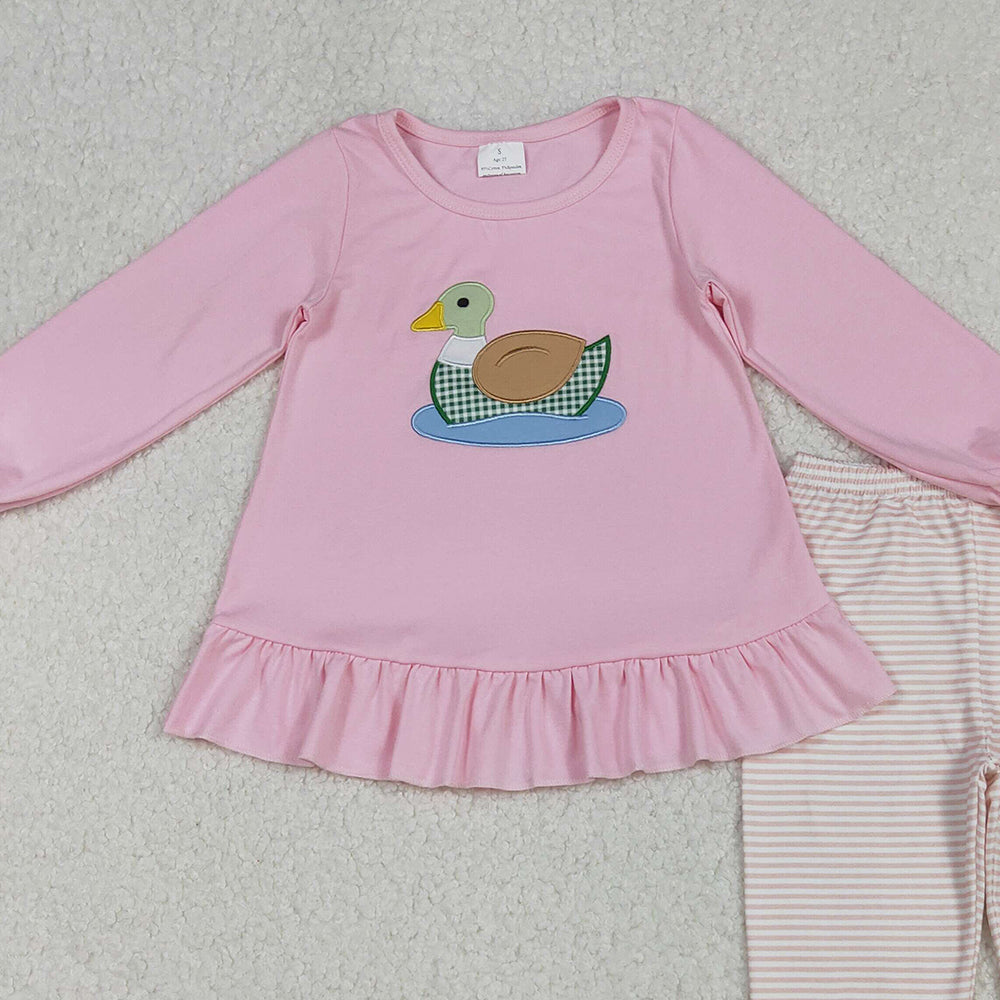 10.10 RTS NO MOQ （In stock）GLP2698 Baby Girls Winter Outfits Embroidery Ducks Baby Girls Pink Tunic Stripe Leggings Pant Clothes Set