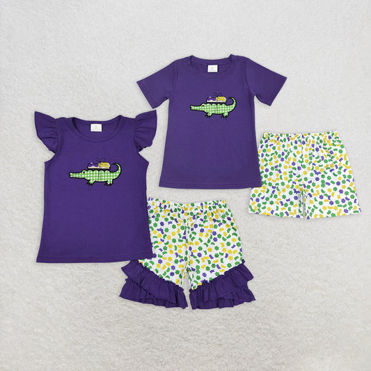 8.12  Sibling Crocodile embroidery top shorts boys and girls mardi gras outfits