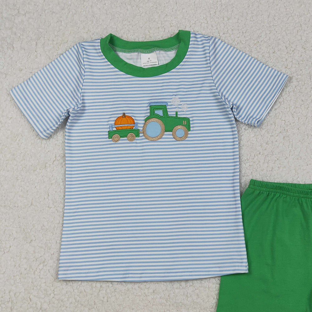 RTS NO MOQ （In stock）BSSO1549 Baby Boys Summer Boys Outfits Blue Stripe Truck Pumpkin Top Shorts Fall Clothes Sets