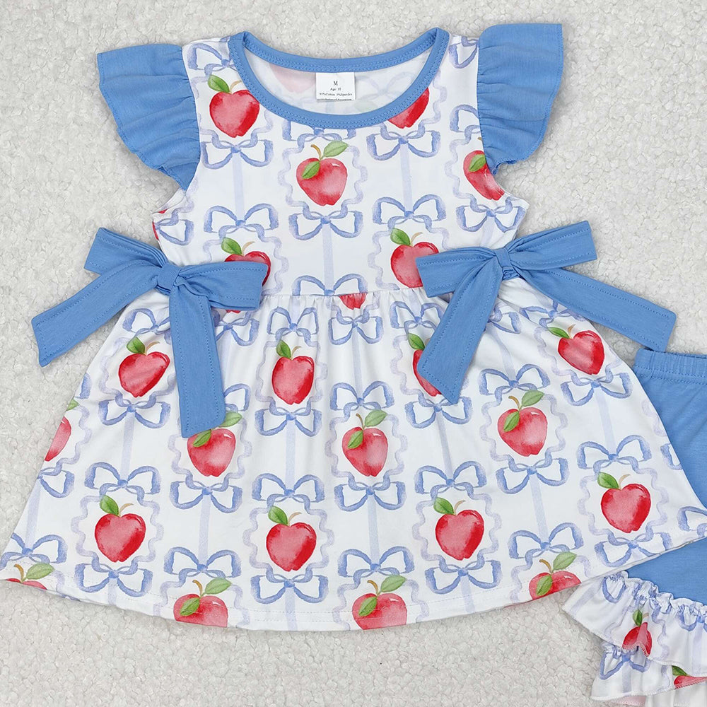 GSSO2114Kids Girls Apple Bow Flutter Sleeve Outfit Back to School Ensemble for Ages 2-12