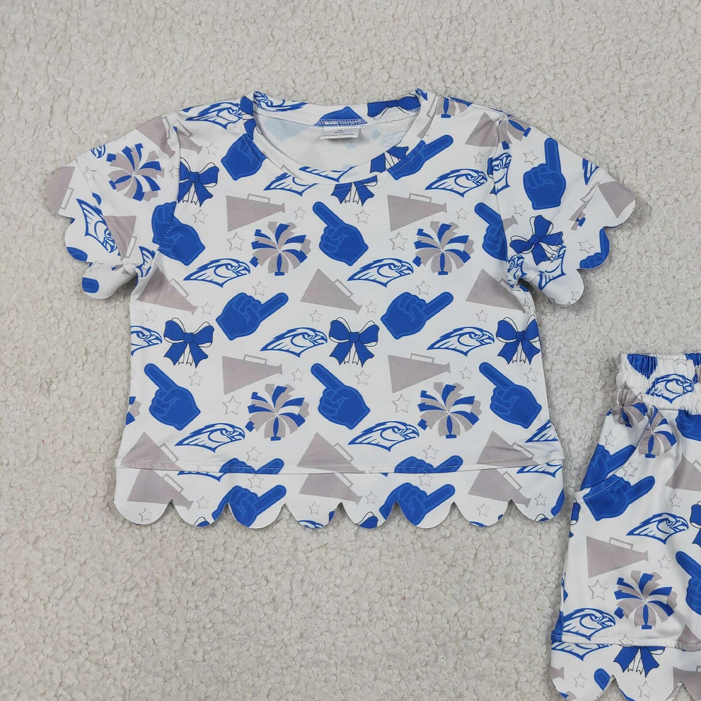 GSSO3408 RTS NO MOQ （In stock ）Short sleeves blue bow scallop top shorts girls team outfits