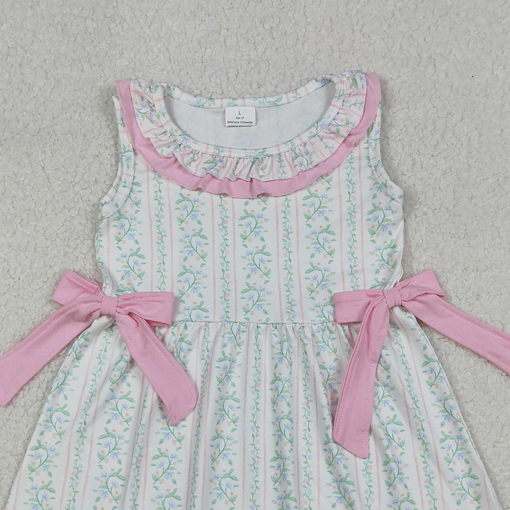RTS NO MOQ （In stock）GSD2678  Baby Girls Summer Dress Pink Floral Stripe Bows Knee Length Dresses