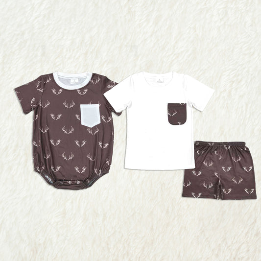 6.05 Boys Short Sleeve Deer Pocket Top Shorts Set Casual Comfortable Clothing for Kids