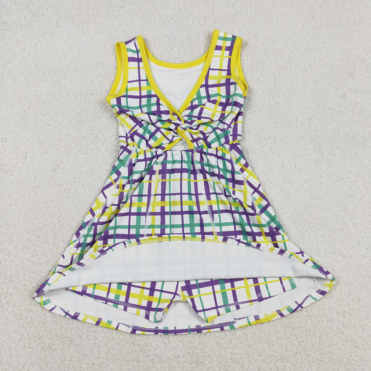 12.11 RTS NO MOQ （In stock）GSD2945 Baby Girls Mardigras Checked Yoga Active Shorts Knee Length Dresses