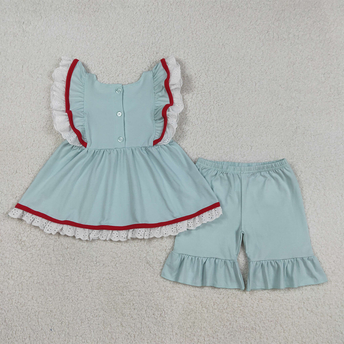 3.18 RTS NO MOQ （In stock）GSSO2926 Kids Clothing for Baby Girls Flutter Sleeve Embroidery Flags Tunic Ruffle Shorts 4th of July Clothes Sets