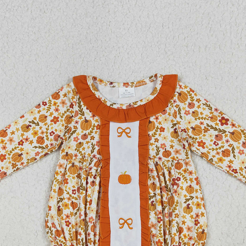 8.16  LR2228 RTS NO MOQ Baby Girls Winter Rompers Embroidery Baby Girls Long Sleeves Bows Pumpkins Floral Ruffle Rompers