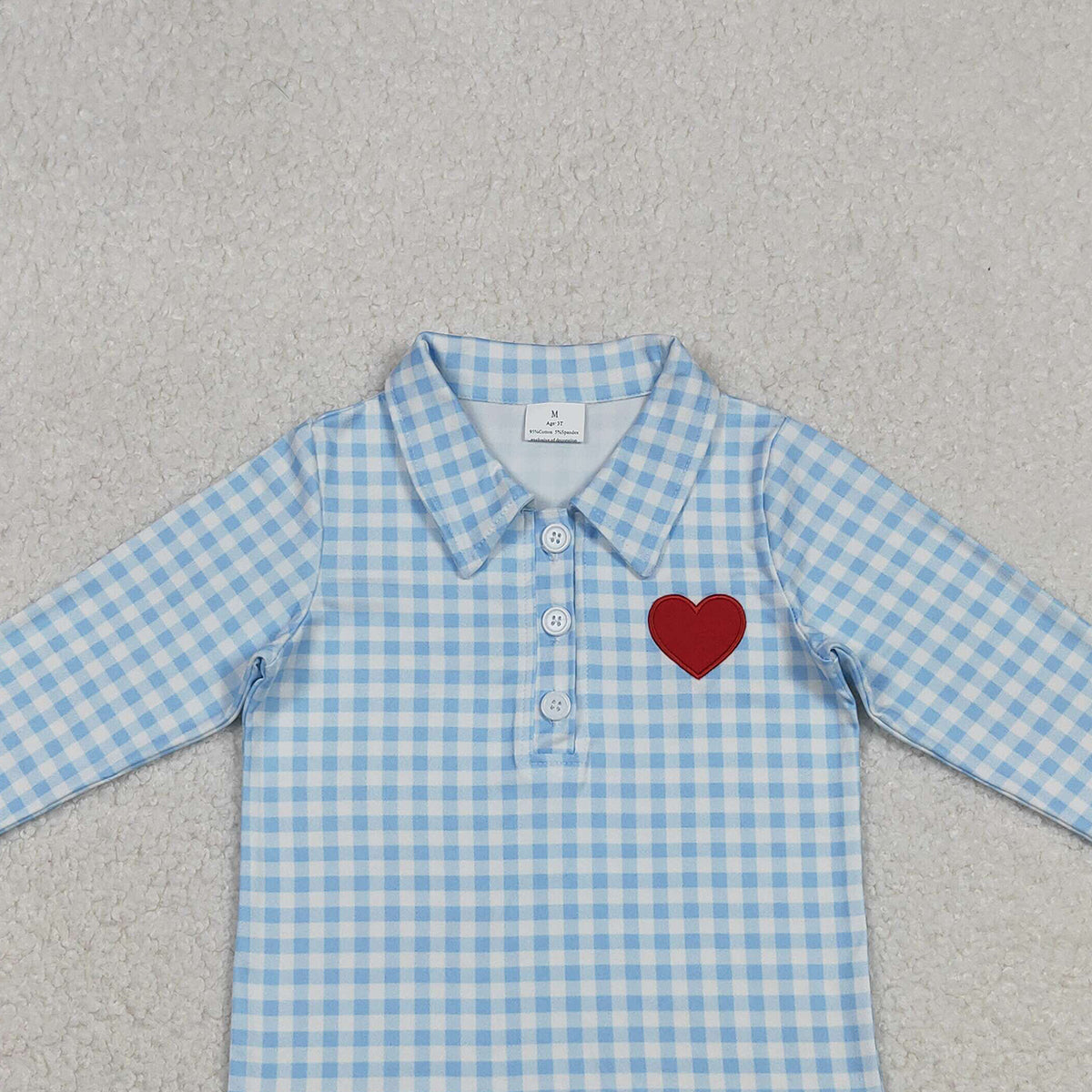 10.28 RTS NO MOQ （In stock）BT1386 Embroidery Hearts Baby Boys Blue Checked Valentine Polo Shirts Top