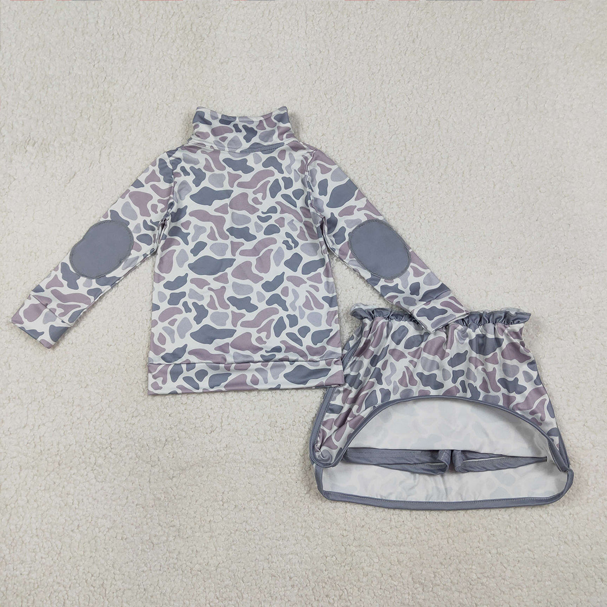 1.19 RTS NO MOQ （In stock）GLD1548 Baby Girls Southern Light Grey Camo Zip Pullover Skirt Shorts Clothes Sets