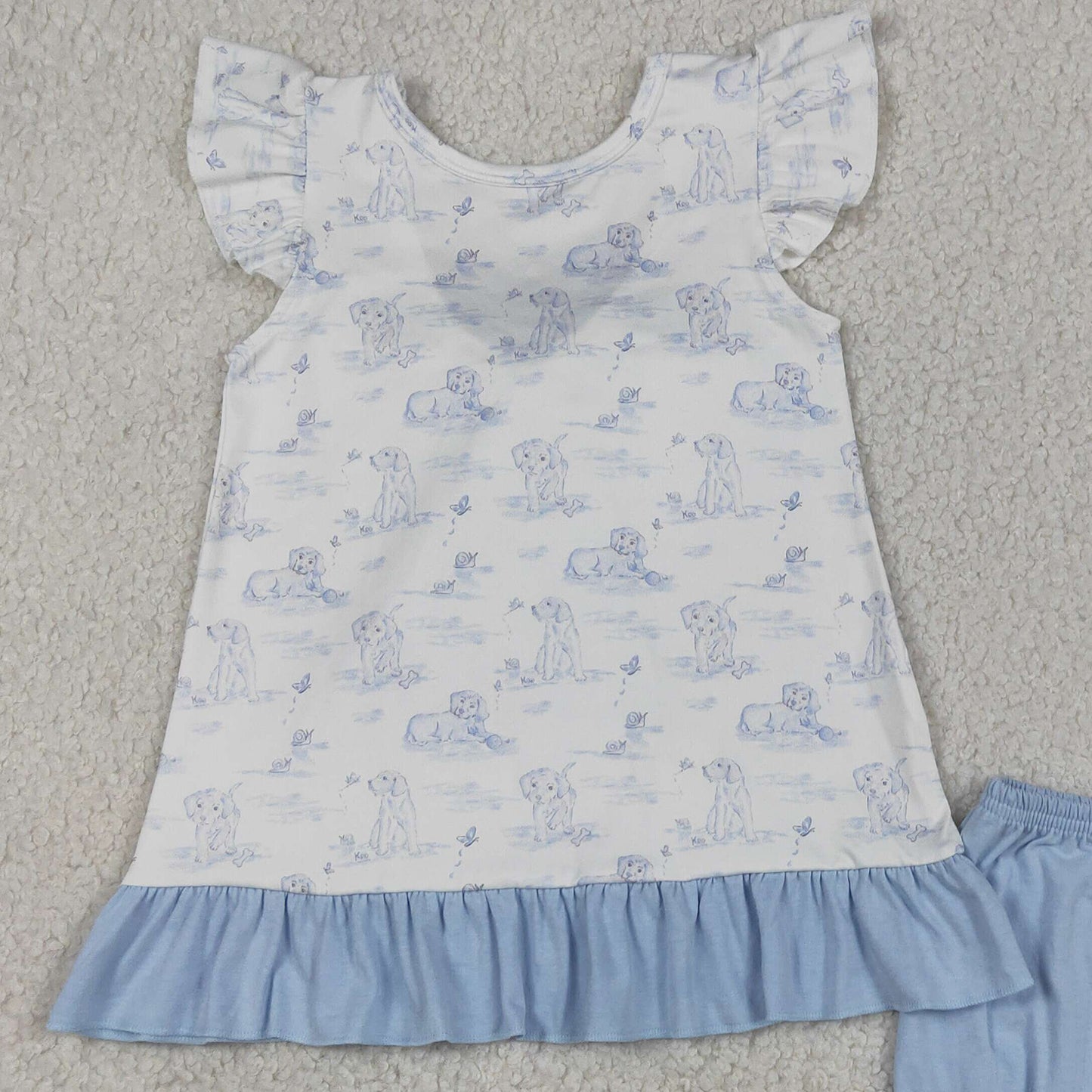 GSSO3061 RTS NO MOQ （In stock ）Flutter sleeves light blue dog ruffle bow top shorts girls outfits