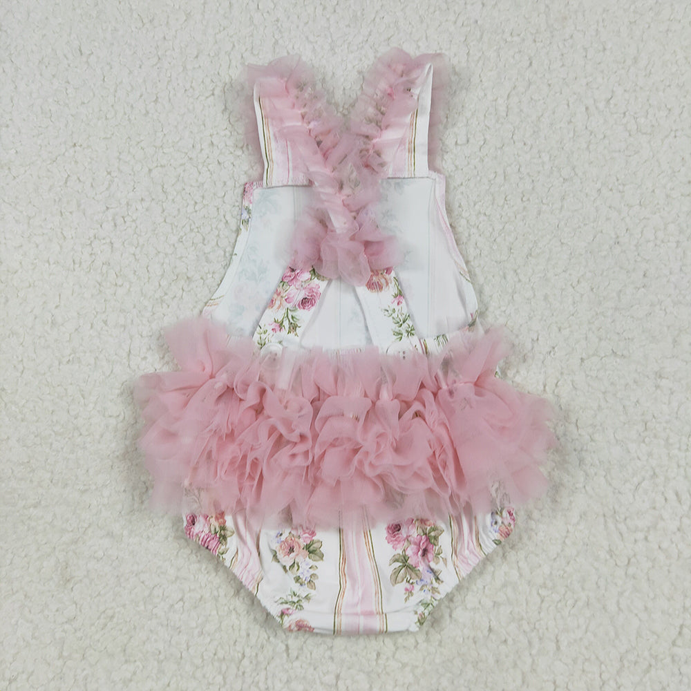 RTS NO MOQ （In stock）SR2964 Baby Girls Summer Rompers Baby Infant Girls Pink Tulle Strap Floral Stripe Ruffle Rompers
