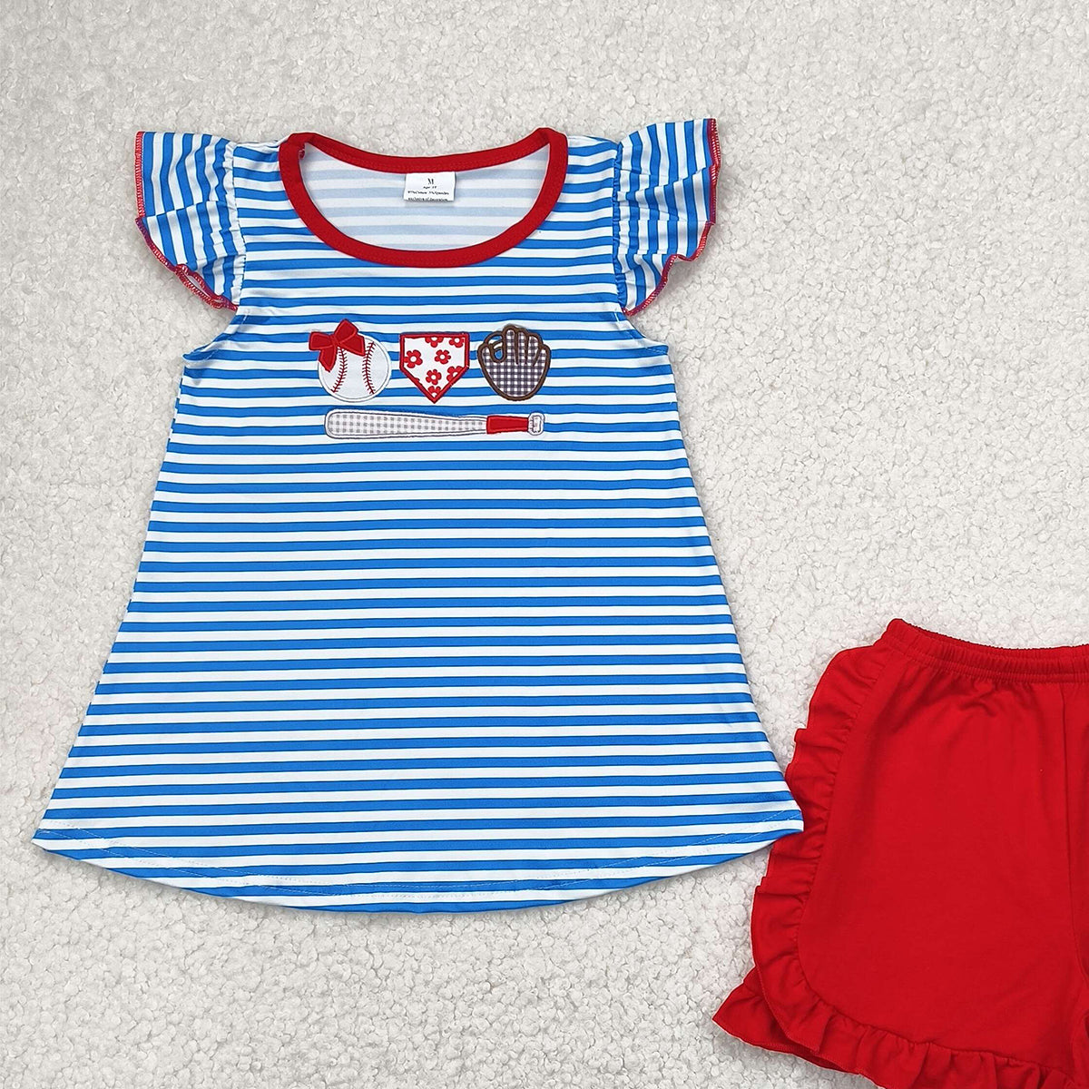 GSSO2348 RTS NO MOQ Baby Girls Summer Outfits  Blue stripe baseball top red ruffle shorts girls clothes