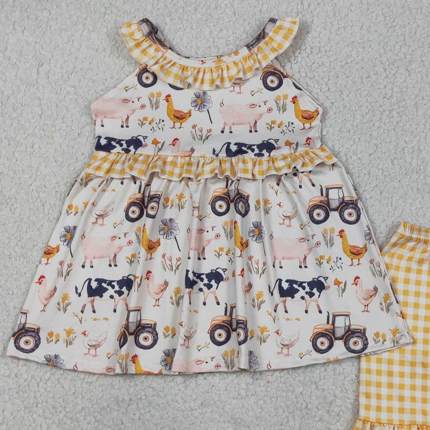 GSSO3071 RTS NO MOQ （In stock ）Sleeveless farm ruffle tunic yellow plaid shorts girls outfits