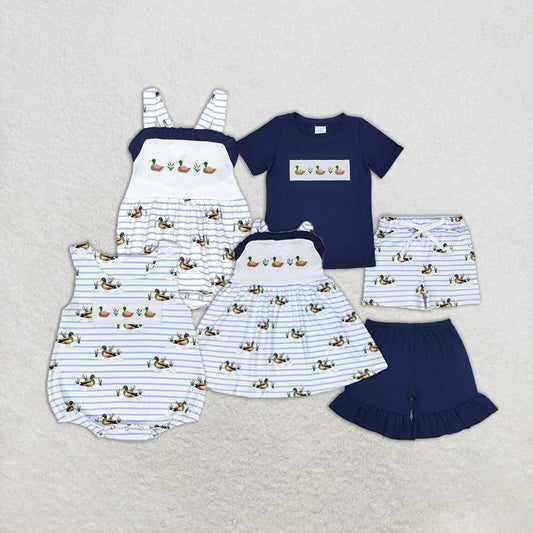 8.27 RTS NO MOQ Summer Outfit for Girls Boys Duck Stripe Tunic Navy Shorts Set - Casual Clothing for Kids