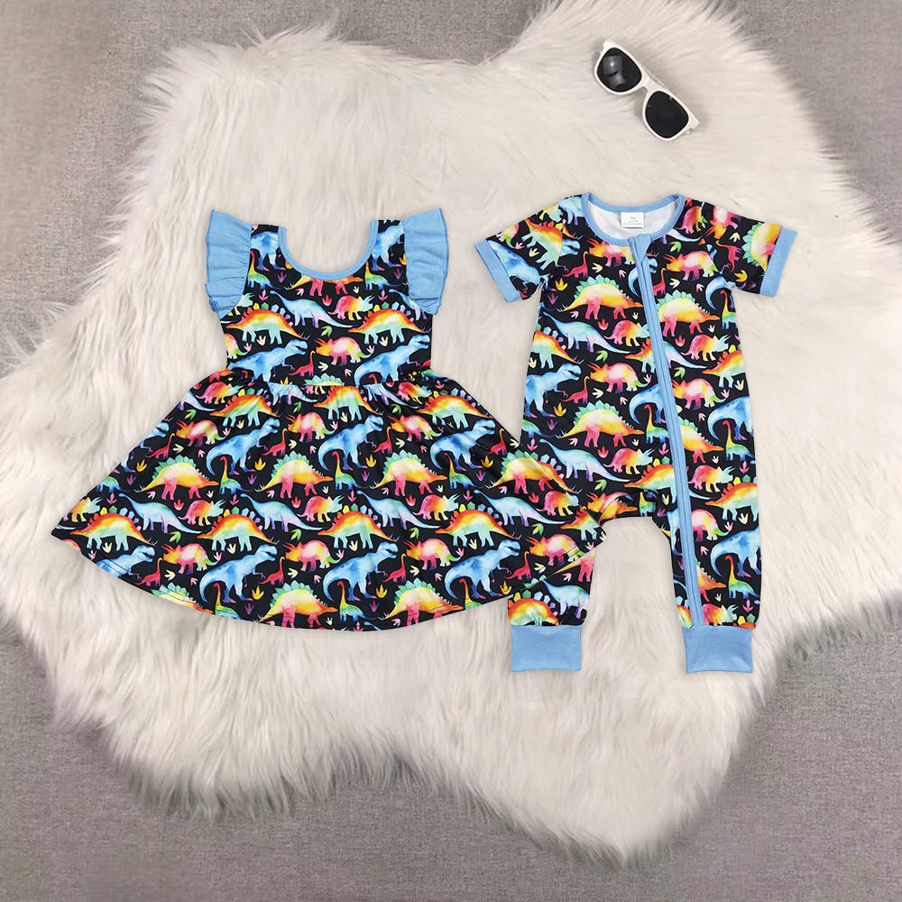 8.01   Sibling Blue flutter sleeves dinosaur kids girls dresses rompers