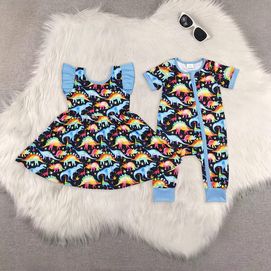 8.01   Sibling Blue flutter sleeves dinosaur kids girls dresses rompers