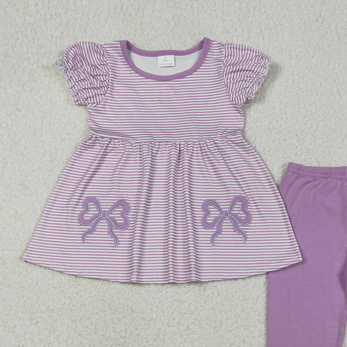 12.9 RTS NO MOQ （In stock）GSPO2153 Embroidery Bows Baby Girls Lavender Stripe Tunic Leggings Pant Clothes Sets