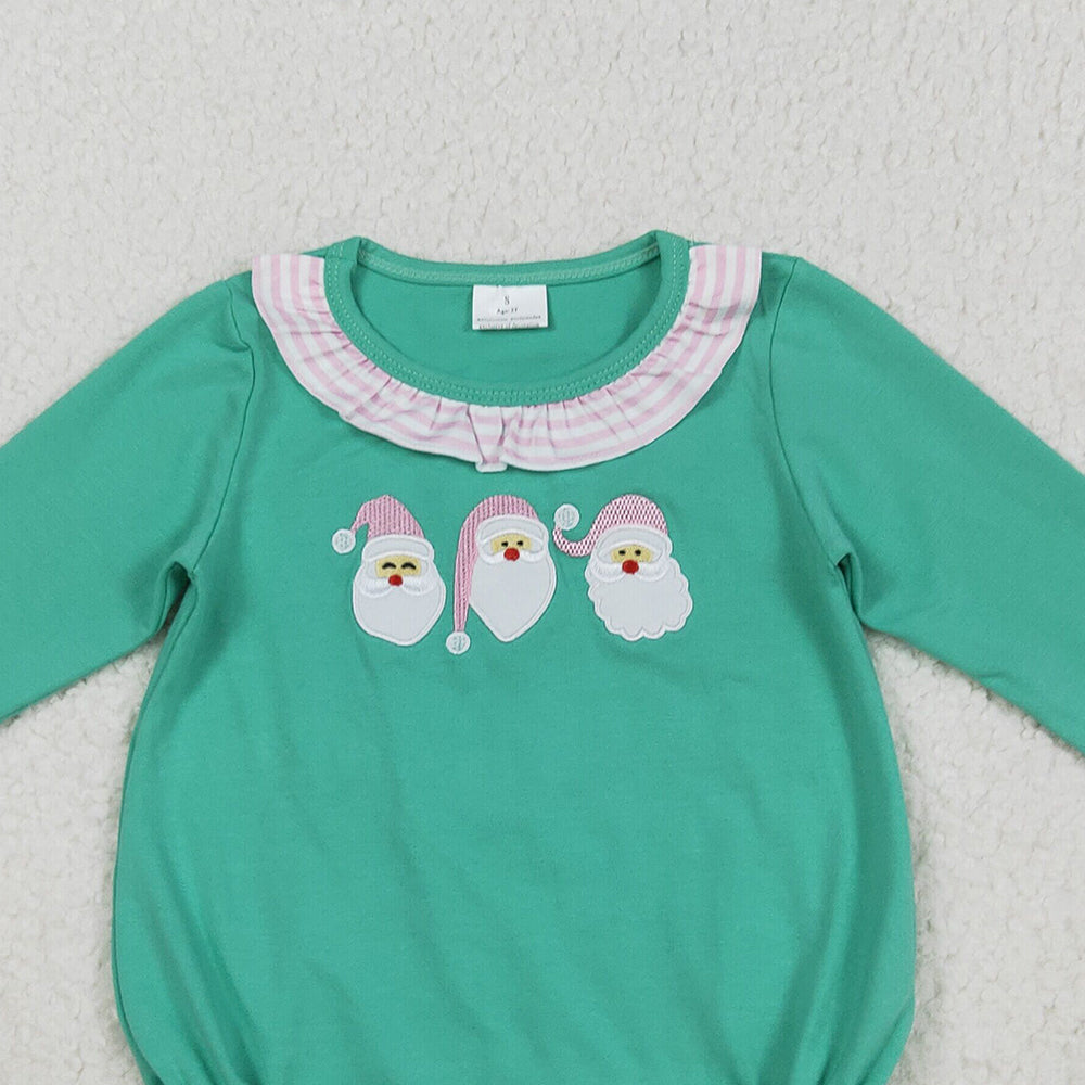 RTS NO MOQ （In stock）LR2411 Baby Girls Winter Rompers Embroidery Baby Girls Green Long Sleeves Santa Ruffle Rompers