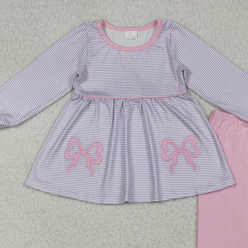 10.10 RTS NO MOQ （In stock）GLP2696 Baby Girls Winter Outfits Embroidery Baby Girls Lavender Stripe Bows Tunic Legging Pant Set