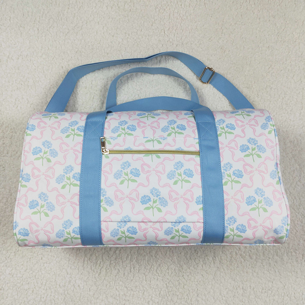 USA Shop (in stock)BA0294Light Blue Floral Bow Women Duffel Bag Ruffle Band Stylish Casual Canvas Tote for Travel And Leisure