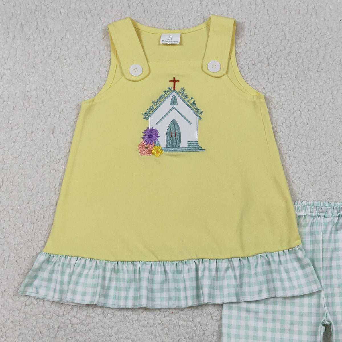 1.13 RTS NO MOQ （In stock）GSSO2966 Embroidery Church Cross Baby Girls Tunic Checked Ruffle Shorts Easter Clothes Sets