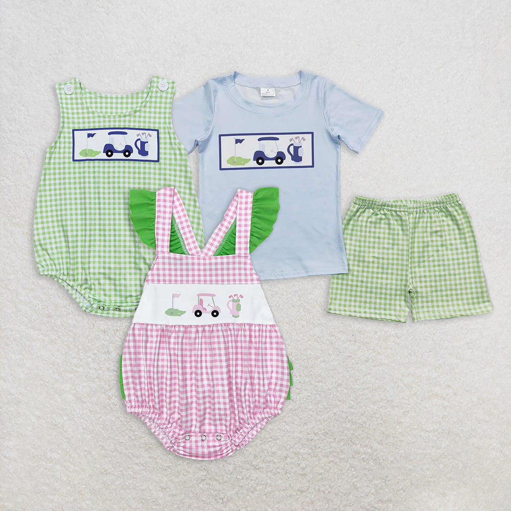 7.16  RTS NO MOQ Light blue golf top plaid shorts boys summer clothing rompers