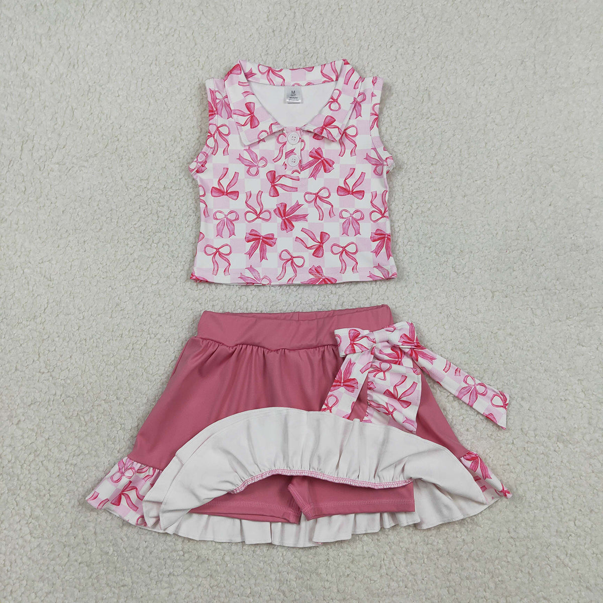 1.24 RTS NO MOQ （In stock）GSD3480 Baby Girls Bows Checked Button Top Ruffle Skirt Shorts Yoga Active Clothes Sets