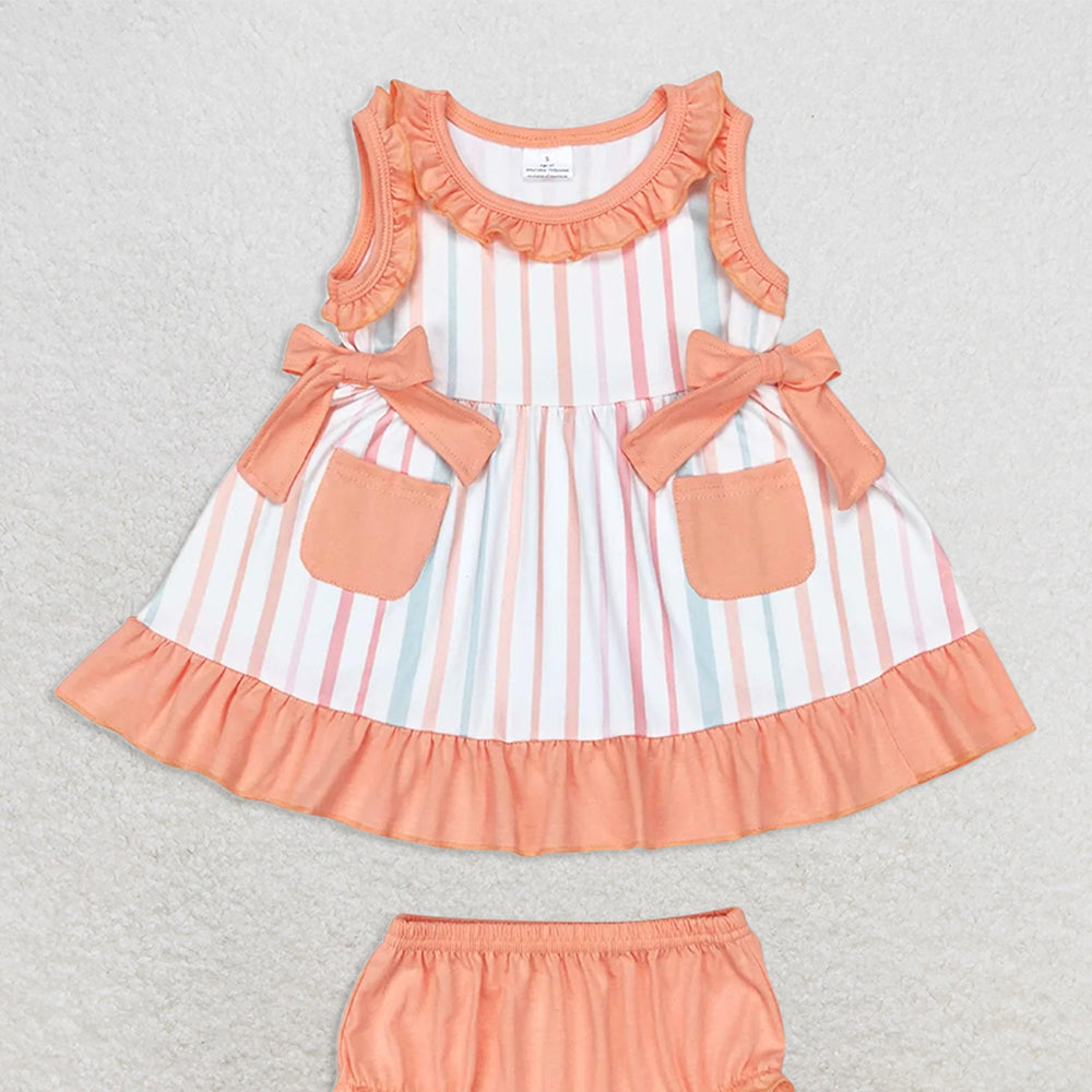 GBO0293RTS NO MOQ Baby Girls Summer Outfits  Baby Girls Orange Stripes Sleeveless Top Summer Bummies Clothes Sets