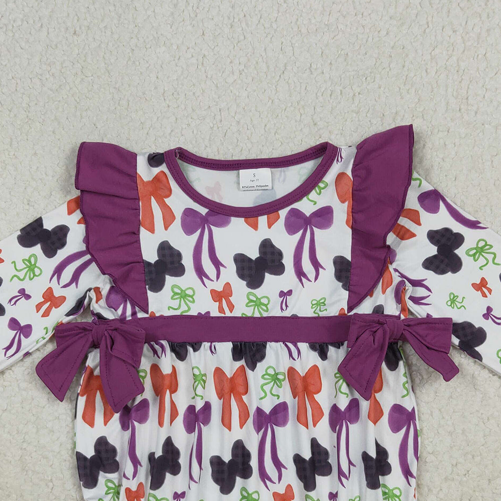 RTS NO MOQ （In stock）LR2285 Baby Girls Winter Rompers Baby Girls Halloween Colorful Purple Bows Ruffle Rompers