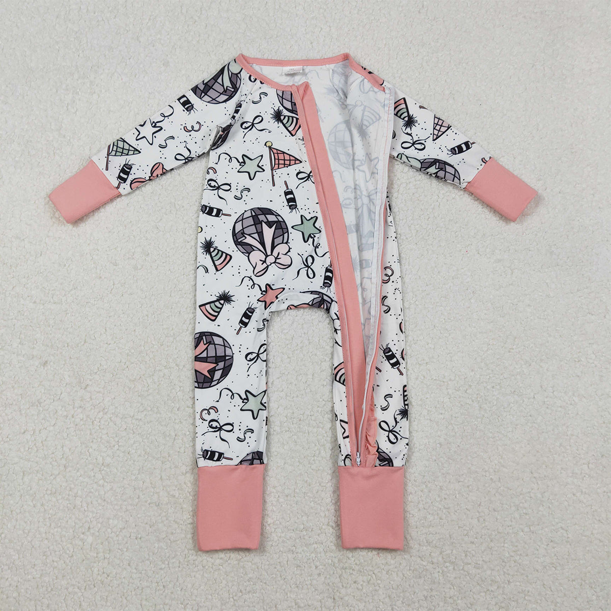 10.22 RTS NO MOQ （In stock）LR2571 Baby Girls Winter Rompers Baby Girls Happy New Year Ruffle Zipper Footie Rompers