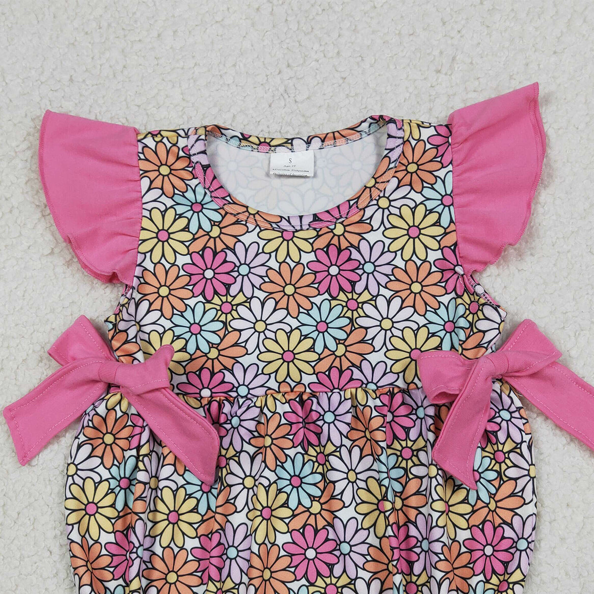 4.8 SR4049 RTS NO MOQ （In stock) Flutter sleeves floral bow baby girls summer romper
