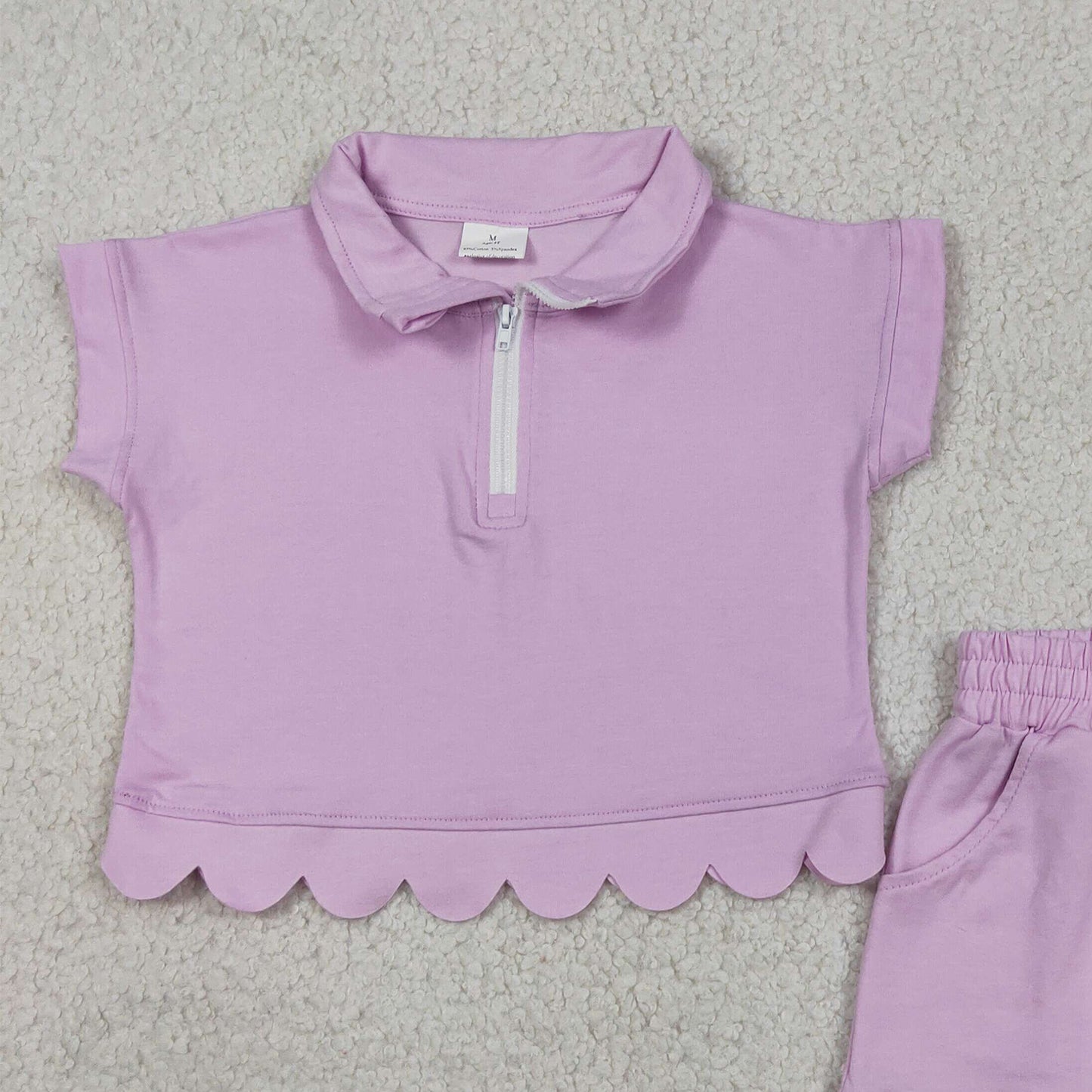 GSSO3378  RTS NO MOQ （In stock Baby Girls Summer Fashion Short Sleeve Purple Zipper Scallop Pullover Top Pockets Short Checked Set