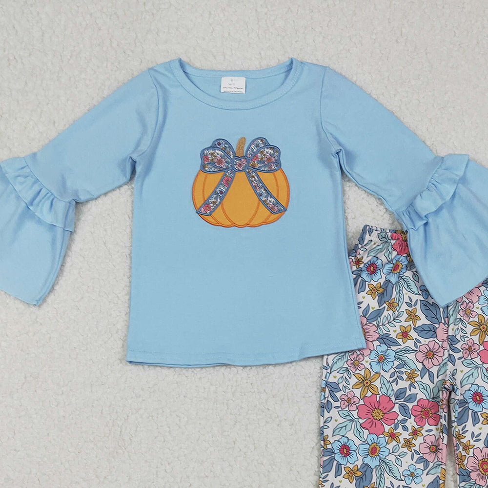RTS NO MOQ （In stock）GLP2596 Baby Girls Winter Outfits Floral Pumpkins Top Bell Bottom Pant Sets