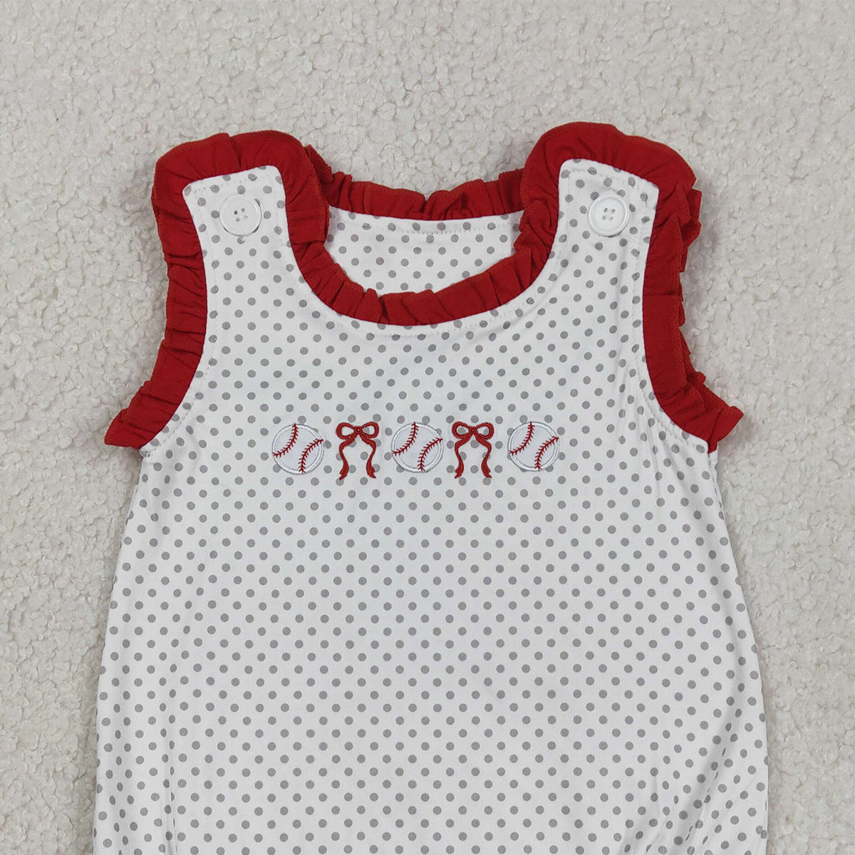 3.14 RTS NO MOQ （In stock）SR3581 Children's Fashion Romper Baby Girls Embroidery Bows Baseballs Polka Dots Team Ruffle Rompers